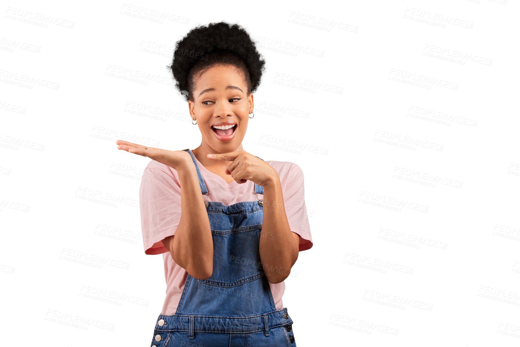 Buy stock photo Marketing, pointing and black woman with presentation to her palm for promotion or advertising. Smile, happy and young African female model with show gesture isolated by transparent png background.