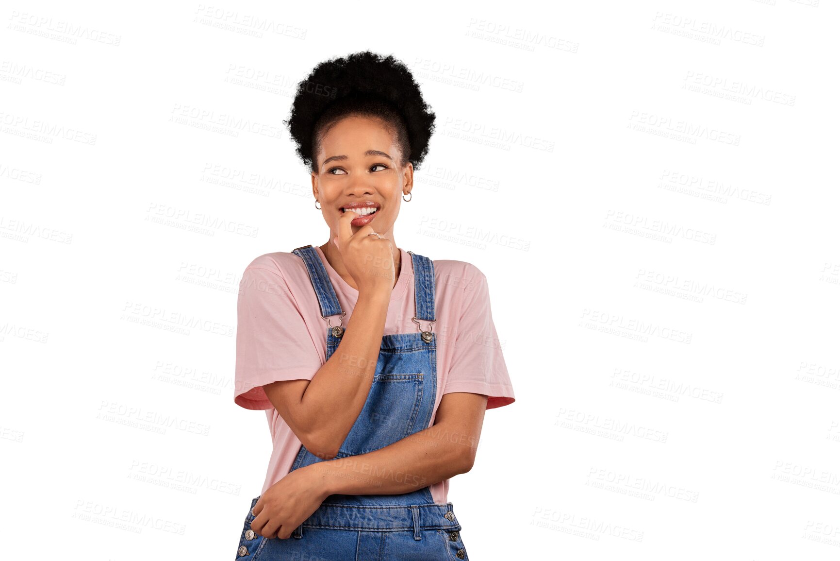 Buy stock photo Isolated African woman, biting nails and nervous thinking for mistake, fail or choice by transparent png background. Student, girl or person with confused smile, anxiety and doubt for secret decision