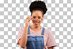 Portrait, glasses and happy with a black woman on a yellow backg