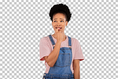 Buy stock photo Isolated woman, biting nails and nervous thinking for mistake, fail or choice by transparent png background. Student, African girl or person with confused smile, anxiety and doubt for secret decision