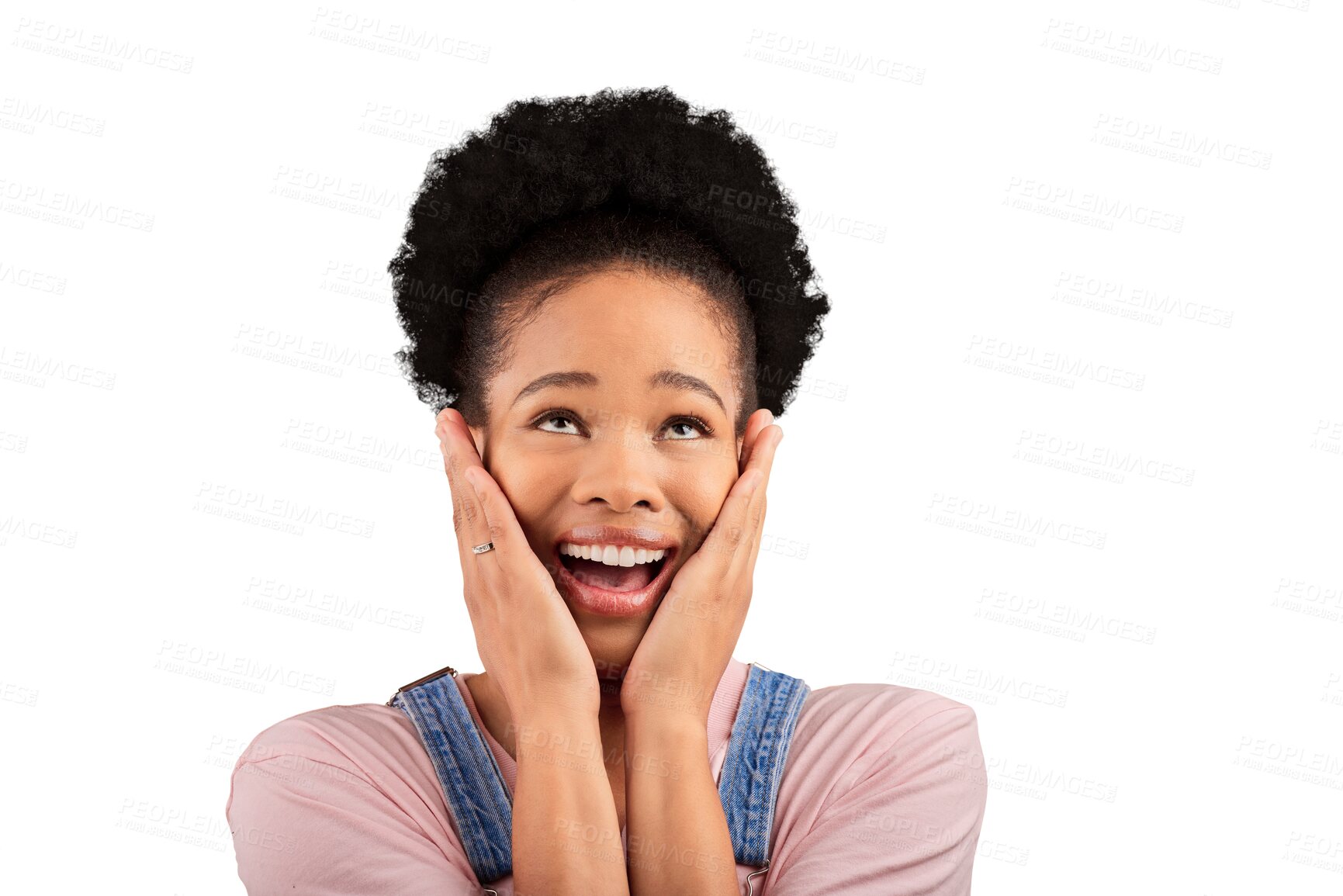 Buy stock photo Face, thinking and wow with an afro black woman isolated on a transparent background for expression. Smile, surprise and idea with a happy young person feeling excited about good news on PNG