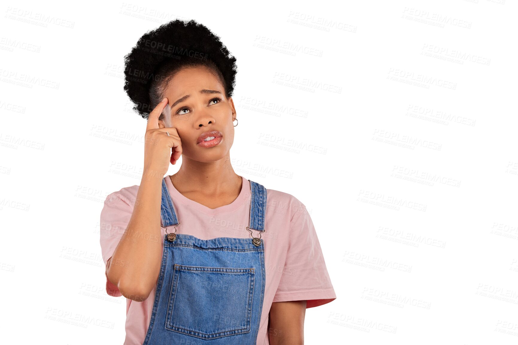 Buy stock photo Question, thinking and black woman with doubt, confused and decision isolated on a transparent background. African person, why and model anxious, stress and emoji with ideas, png and problem solving