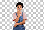 Thinking, decision and black woman in studio with choice, option
