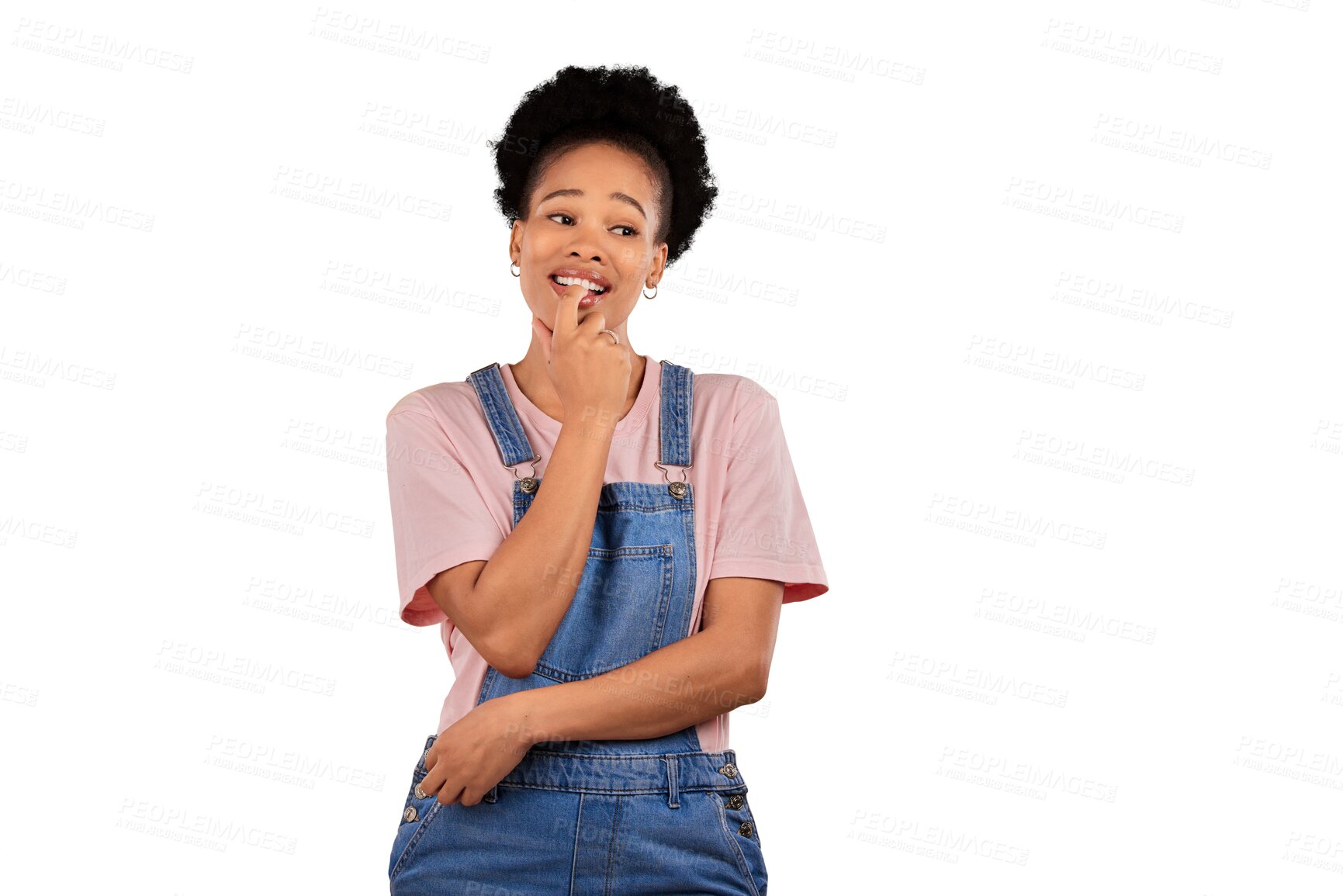 Buy stock photo Question, thinking and black woman with doubt, nervous and decision isolated on a transparent background. African person, why and model anxious, stress and emoji with fear, png and problem solving