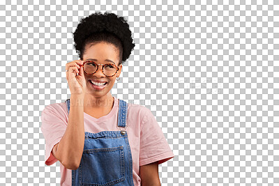 Buy stock photo Happy, black woman and portrait thinking with glasses or fashion in transparent, isolated and png background. Vision, eyewear or spectacle frames with lenses and smart college student with healthcare