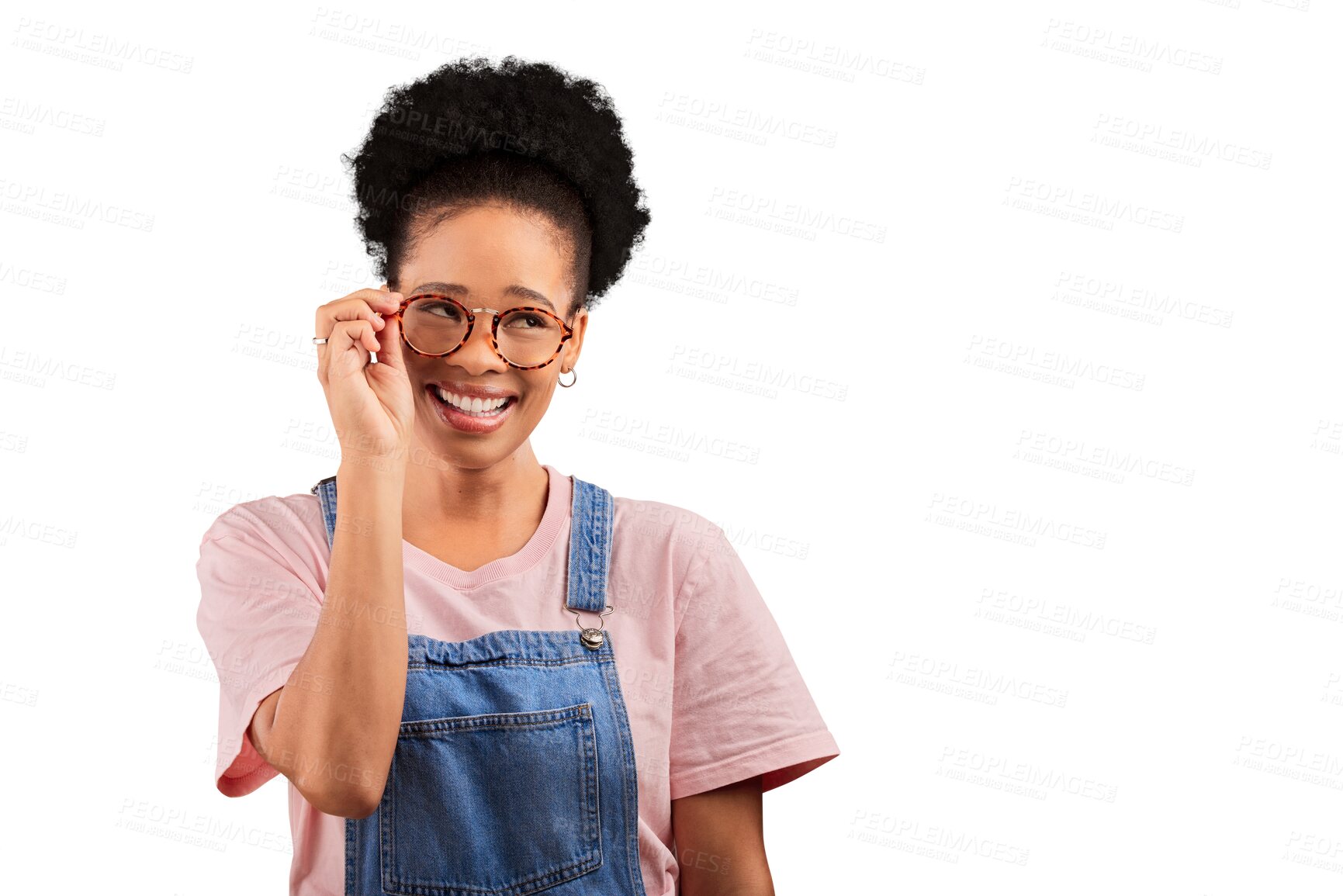 Buy stock photo Happy, black woman and portrait thinking with glasses or fashion in transparent, isolated and png background. Vision, eyewear or spectacle frames with lenses and smart college student with healthcare