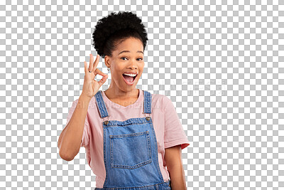 Buy stock photo Wow, portrait and woman with okay hands for support, agreement or vote on isolated, transparent or png background. Excited and female model perfect emoji for success, thank you for feedback sign