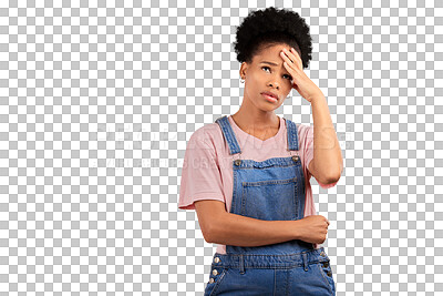 Buy stock photo Thinking, face palm and woman with mistake, oops or stupid gesture on isolated, transparent or png background. Stress, emoji and frustrated model with emoji for fail, wrong or disaster, crisis or sad