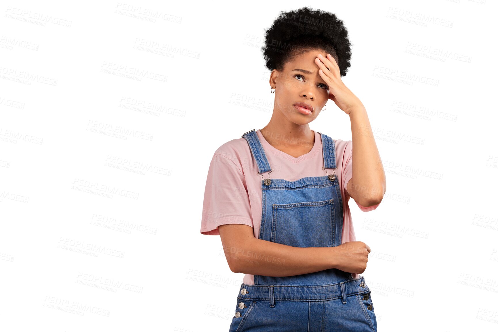 Buy stock photo Thinking, face palm and woman with mistake, oops or stupid gesture on isolated, transparent or png background. Stress, emoji and frustrated model with emoji for fail, wrong or disaster, crisis or sad