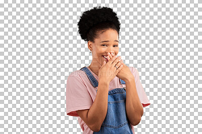 Buy stock photo Wow, laugh and hands on face of woman with funny secret on isolated, transparent or png background. Emoji, portrait and female model with comic drama, news or taboo gossip, announcement or gesture