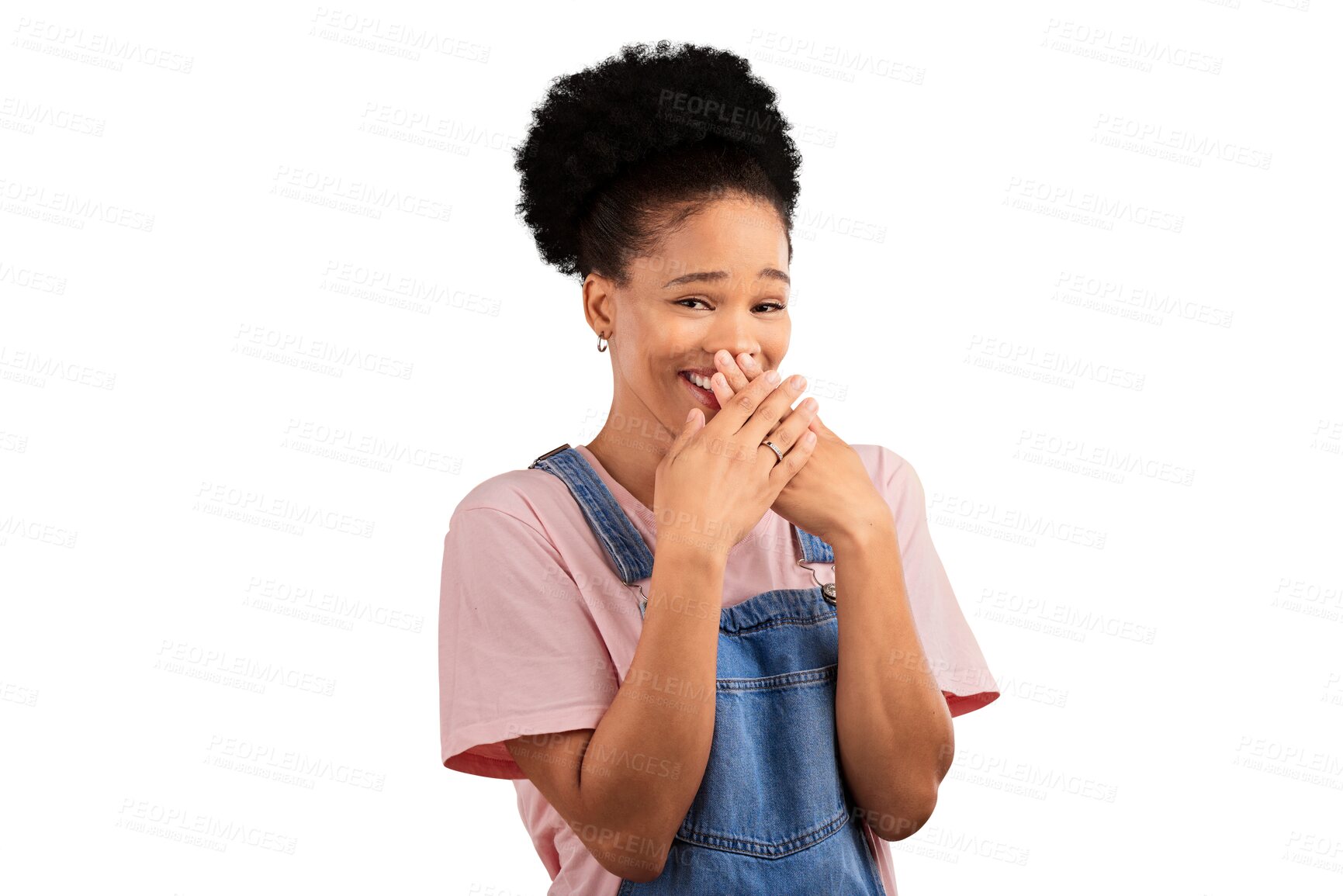 Buy stock photo Wow, laugh and hands on face of woman with funny secret on isolated, transparent or png background. Emoji, portrait and female model with comic drama, news or taboo gossip, announcement or gesture