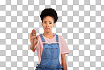 Stop, hand and warning with portrait of black woman in studio fo