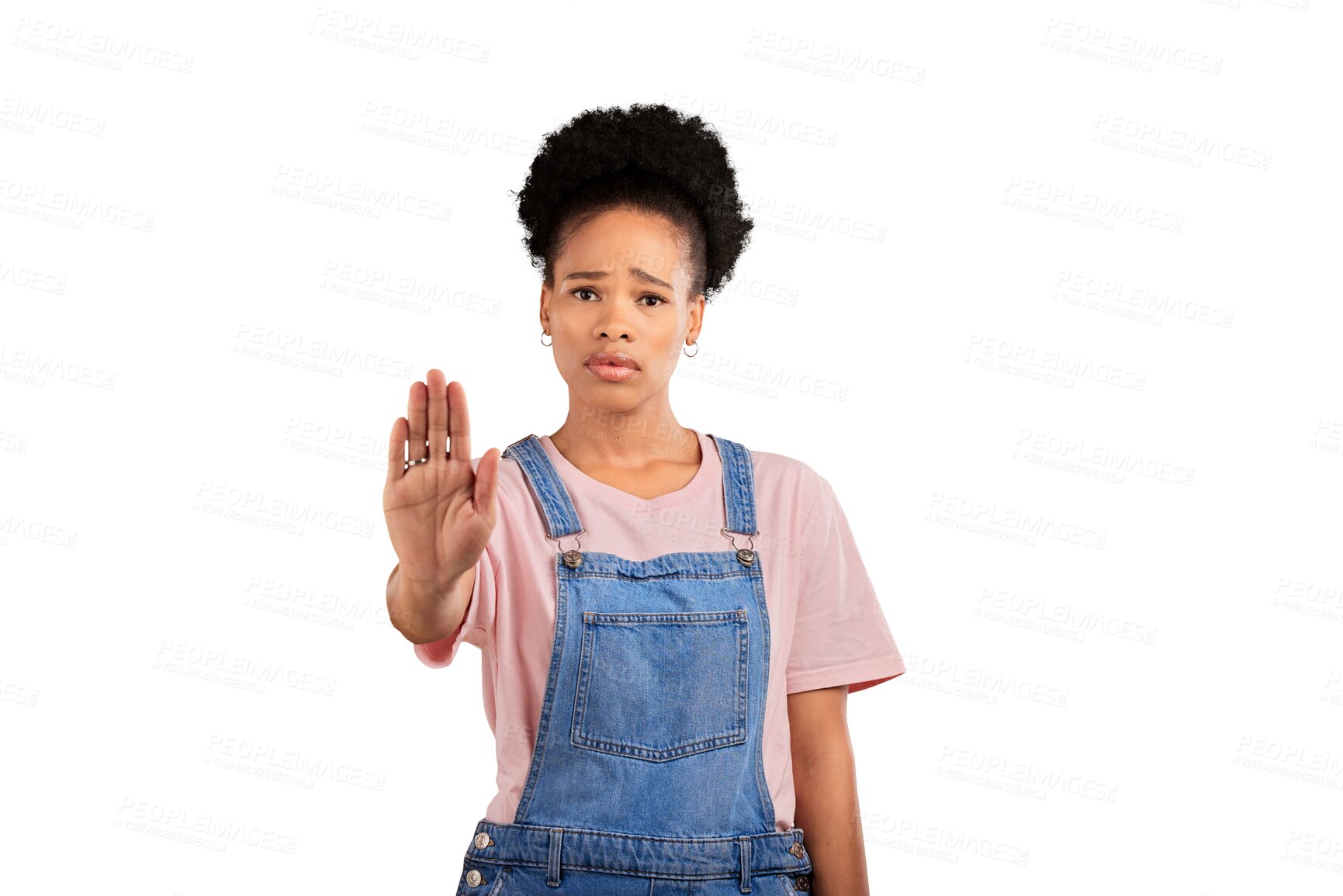 Buy stock photo Stop, hand and portrait of woman with warning, threat or no on isolated, transparent or png background. Palm, protest and face of model with not allowed emoji, security or rejection, limit and order