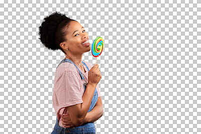 Buy stock photo Portrait, smile and a black woman with a rainbow lollipop isolated on a transparent background. Candy, sugar and sweets with a happy young african person eating or licking a colorful snack on PNG