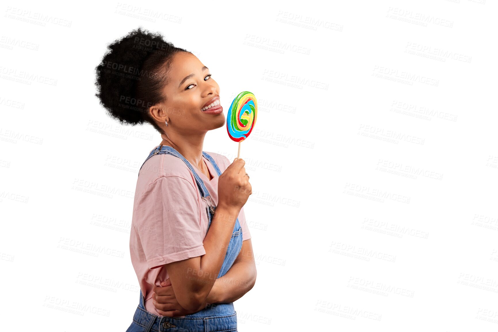 Buy stock photo Portrait, smile and a black woman with a rainbow lollipop isolated on a transparent background. Candy, sugar and sweets with a happy young african person eating or licking a colorful snack on PNG