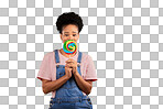 Black woman, portrait with candy or lollipop in studio on yellow