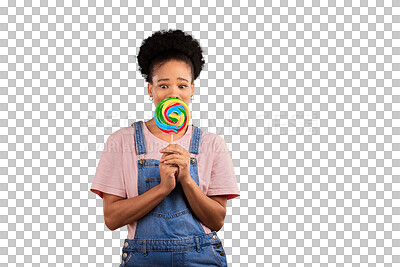 Buy stock photo Black woman, natural and face with candy or lollipop isolated on png transparent background for dessert. Gen z, girl and guilty pleasure with delicious treats, snack and eating sweets with sugar