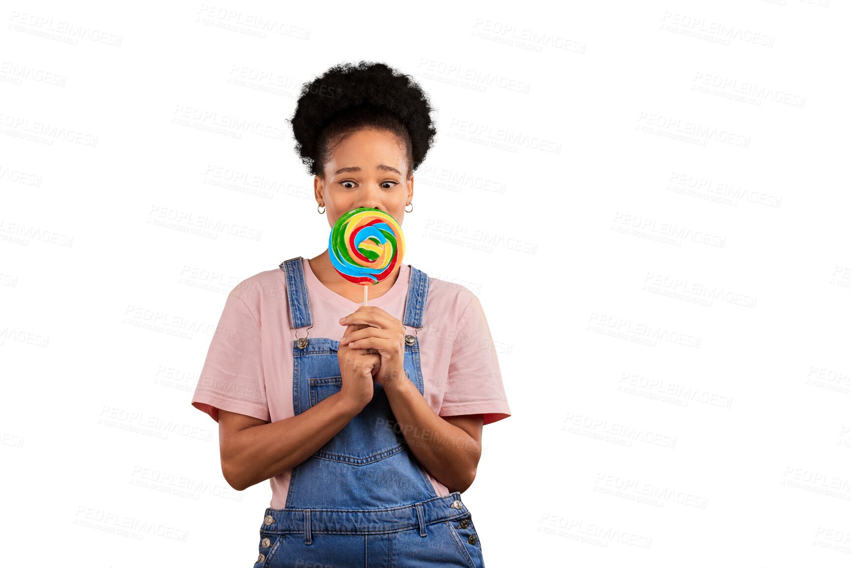 Buy stock photo Black woman, natural and face with candy or lollipop isolated on png transparent background for dessert. Gen z, girl and guilty pleasure with delicious treats, snack and eating sweets with sugar