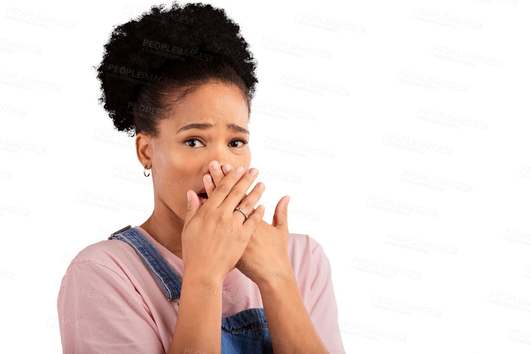 Buy stock photo Wow, shock and hands on face of woman with horror, fear or mistake on isolated, transparent or png background. Omg, portrait or overwhelmed model with emoji surprise for drama, gossip or disaster 