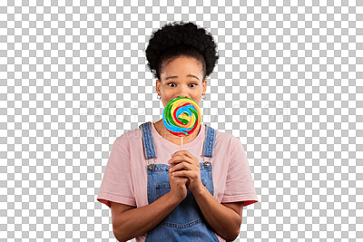 Buy stock photo Lollipop, eyes and a black woman with a rainbow candy isolated on a transparent background. Food, sugar and sweets with a happy young african person eating or licking a colorful snack on PNG