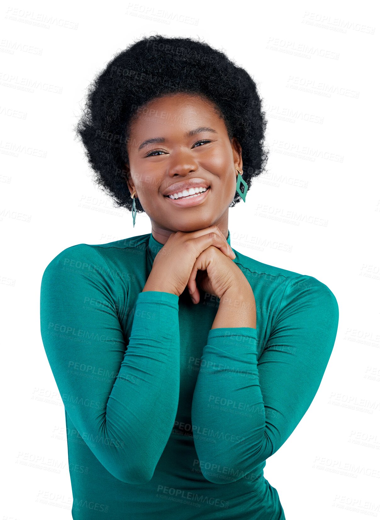 Buy stock photo Smile, portrait and fashion with black woman, hands and isolated on transparent png background. Happy, face and confidence with african person, motivation and proud expression for retro aesthetic