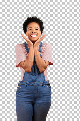 Buy stock photo Portrait, smile and surprise with an afro black woman isolated on a transparent background for expression. Hands, wow and inspiration with a happy young person feeling excited about good news on PNG