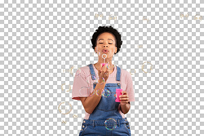 Buy stock photo Black woman, blowing bubbles and fun while playful for birthday, happiness or party celebration. African female model person with liquid soap activity or hobby isolated by transparent png background