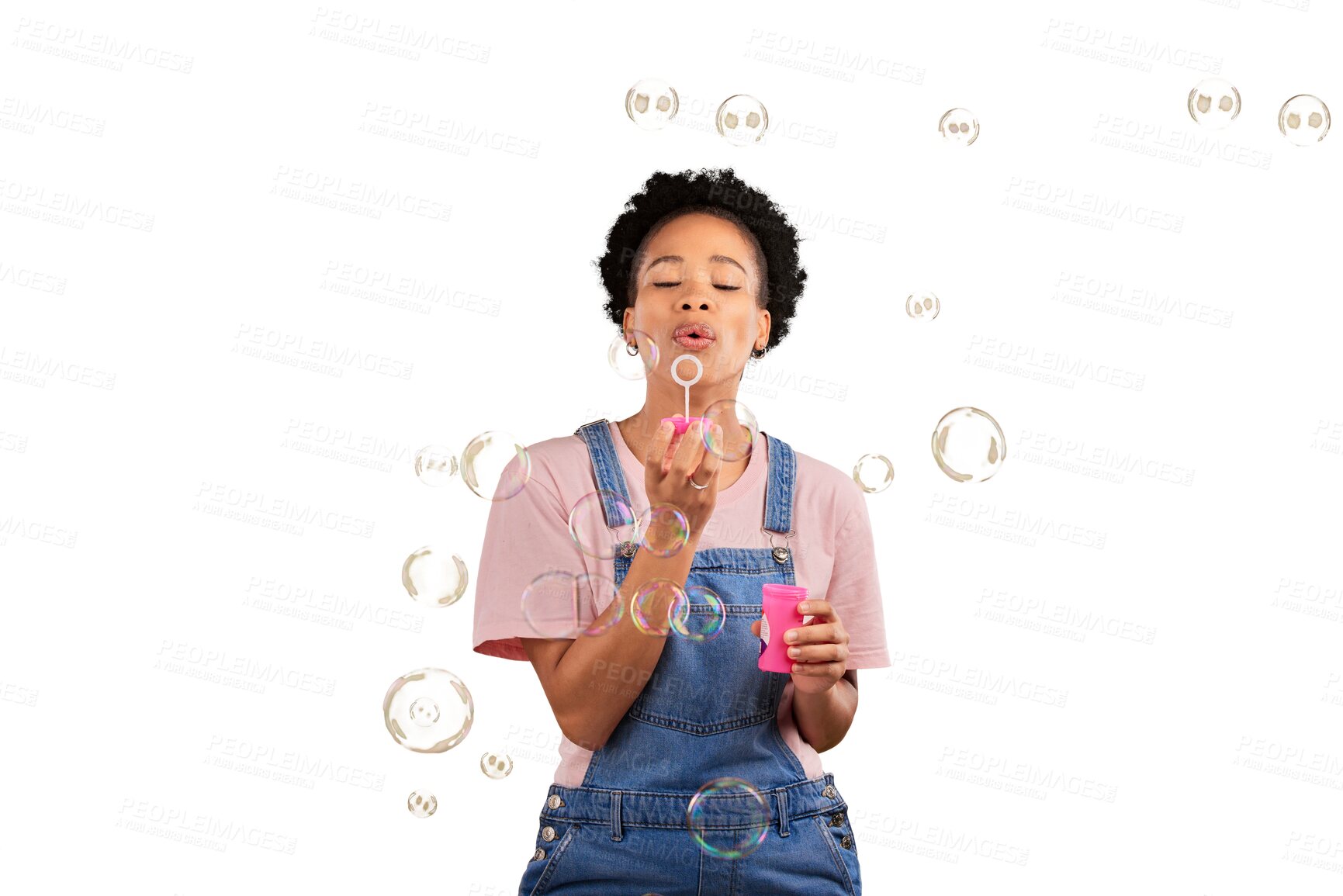 Buy stock photo Black woman, blowing bubbles and fun while playful for birthday, happiness or party celebration. African female model person with liquid soap activity or hobby isolated by transparent png background