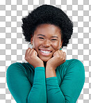 Portrait, smile and excited with black girl or hands in studio b