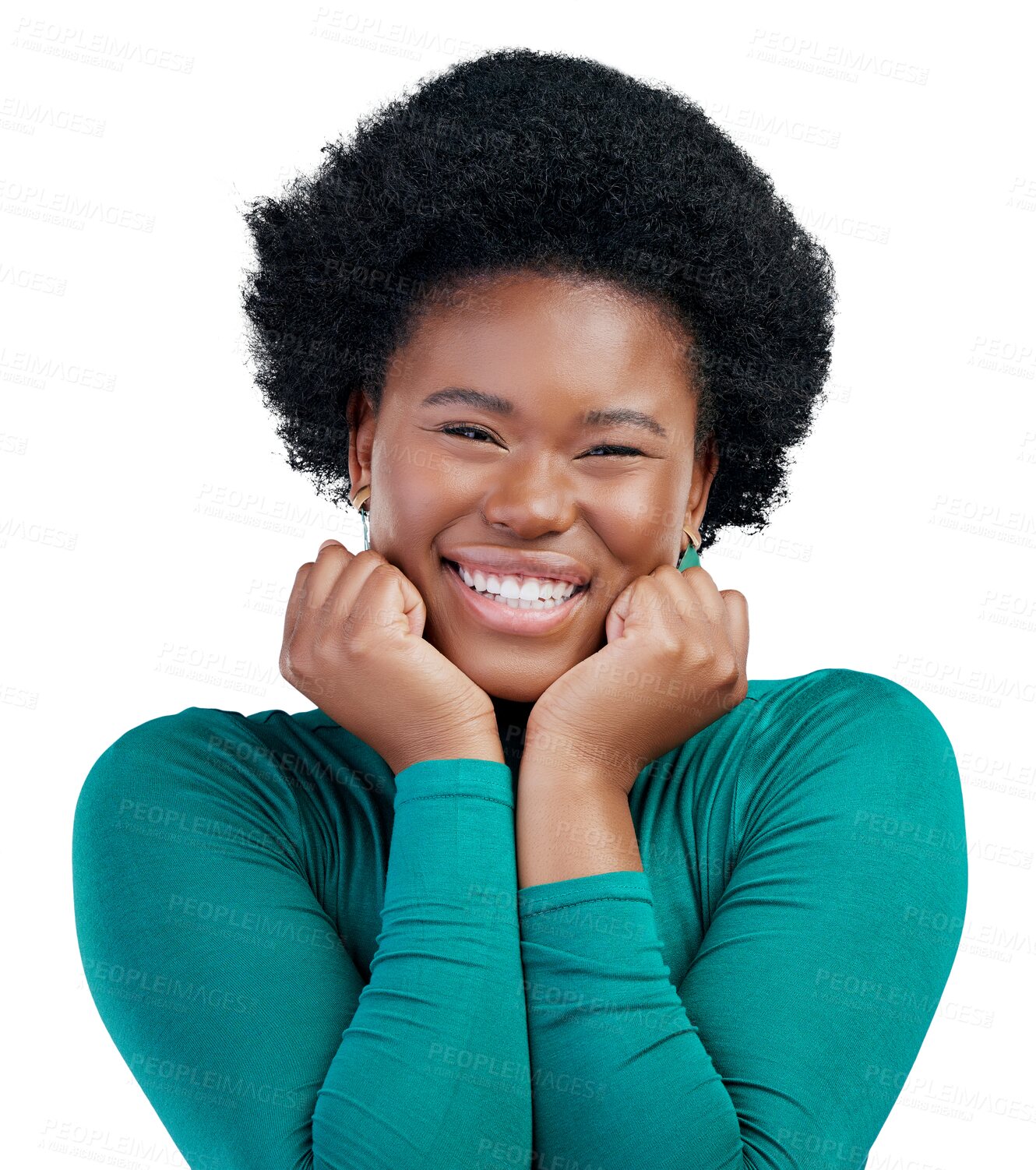 Buy stock photo Smile, portrait and fashion with woman, hands and isolated on transparent png background. Happy black person, face and confidence for cool clothing, motivation and proud expression for aesthetic