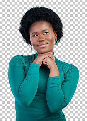 Buy stock photo Question, thinking and black woman with planning, decision and choice isolated on transparent background. African person, why and model with problem solving, ideas and emoji with brainstorming or png