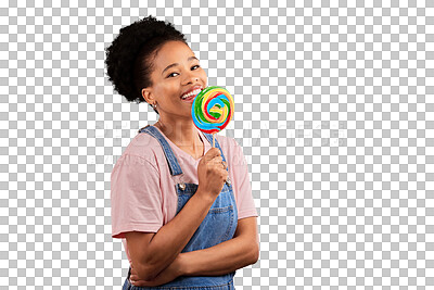 Buy stock photo Portrait, smile and a black woman with a sugar lollipop isolated on a transparent background. Candy, rainbow and sweets with a happy young african person eating or licking a colorful snack on PNG