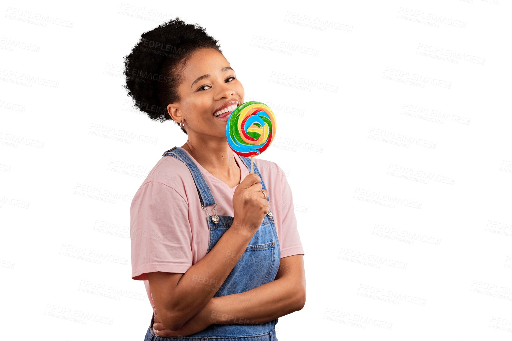 Buy stock photo Portrait, smile and a black woman with a sugar lollipop isolated on a transparent background. Candy, rainbow and sweets with a happy young african person eating or licking a colorful snack on PNG