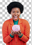 Woman, piggy bank and wow portrait for savings, financial invest