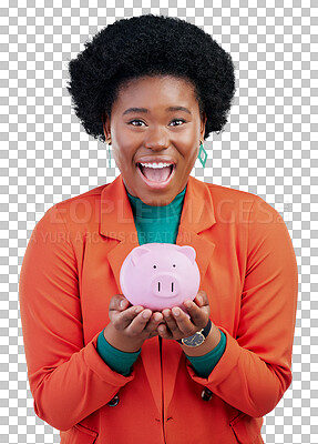 Buy stock photo Woman, piggy bank and wow portrait for savings, financial investment and profit, increase or budget goals. Excited african person for security, growth or safe isolated on transparent, png background