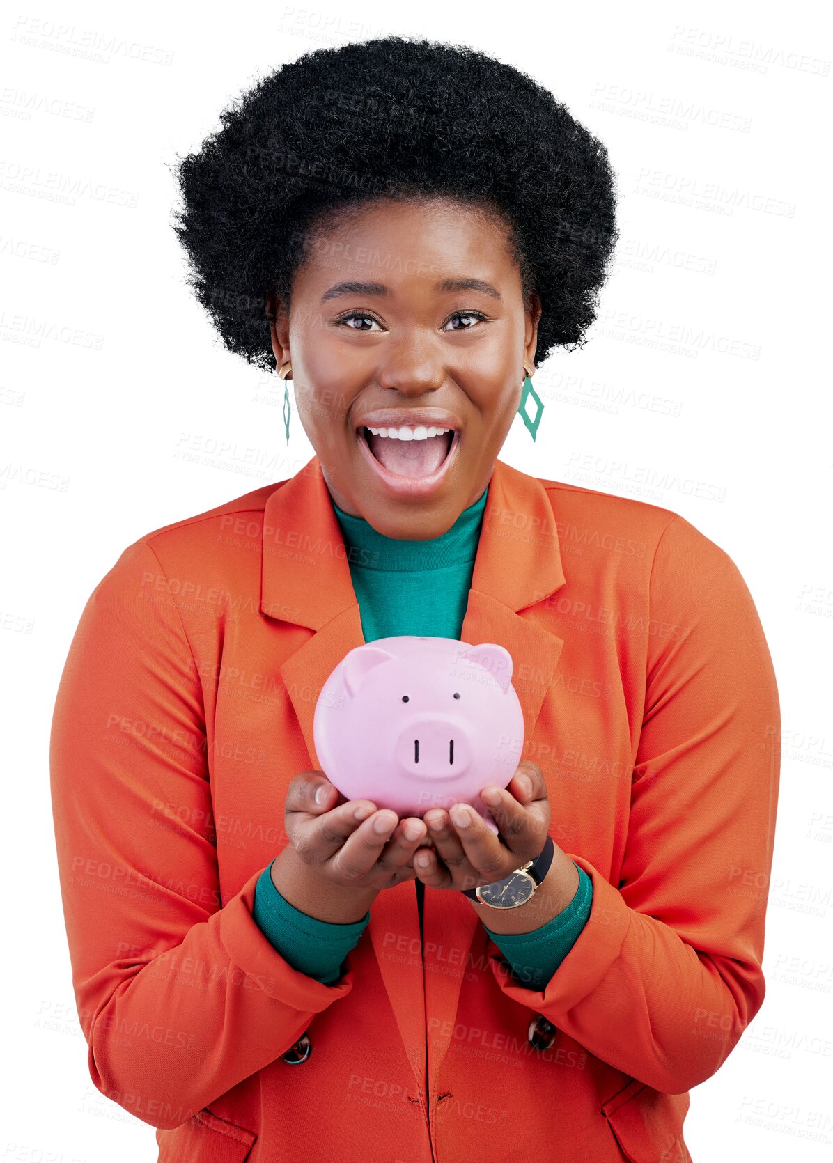 Buy stock photo Woman, piggy bank and wow portrait for savings, financial investment and profit, increase or budget goals. Excited african person for security, growth or safe isolated on transparent, png background