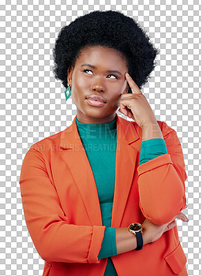 Buy stock photo Thinking, confused and black woman with why, questions or how to on isolated, transparent or png background. Doubt, face and African female model with emoji gesture for memory, forget or guess option