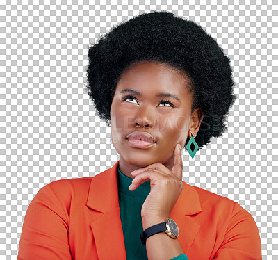 Buy stock photo Thinking, idea and black woman planning solution on isolated, transparent or png background. Why, questions and face of African lady model looking up and brainstorming, problem solving or guess emoji