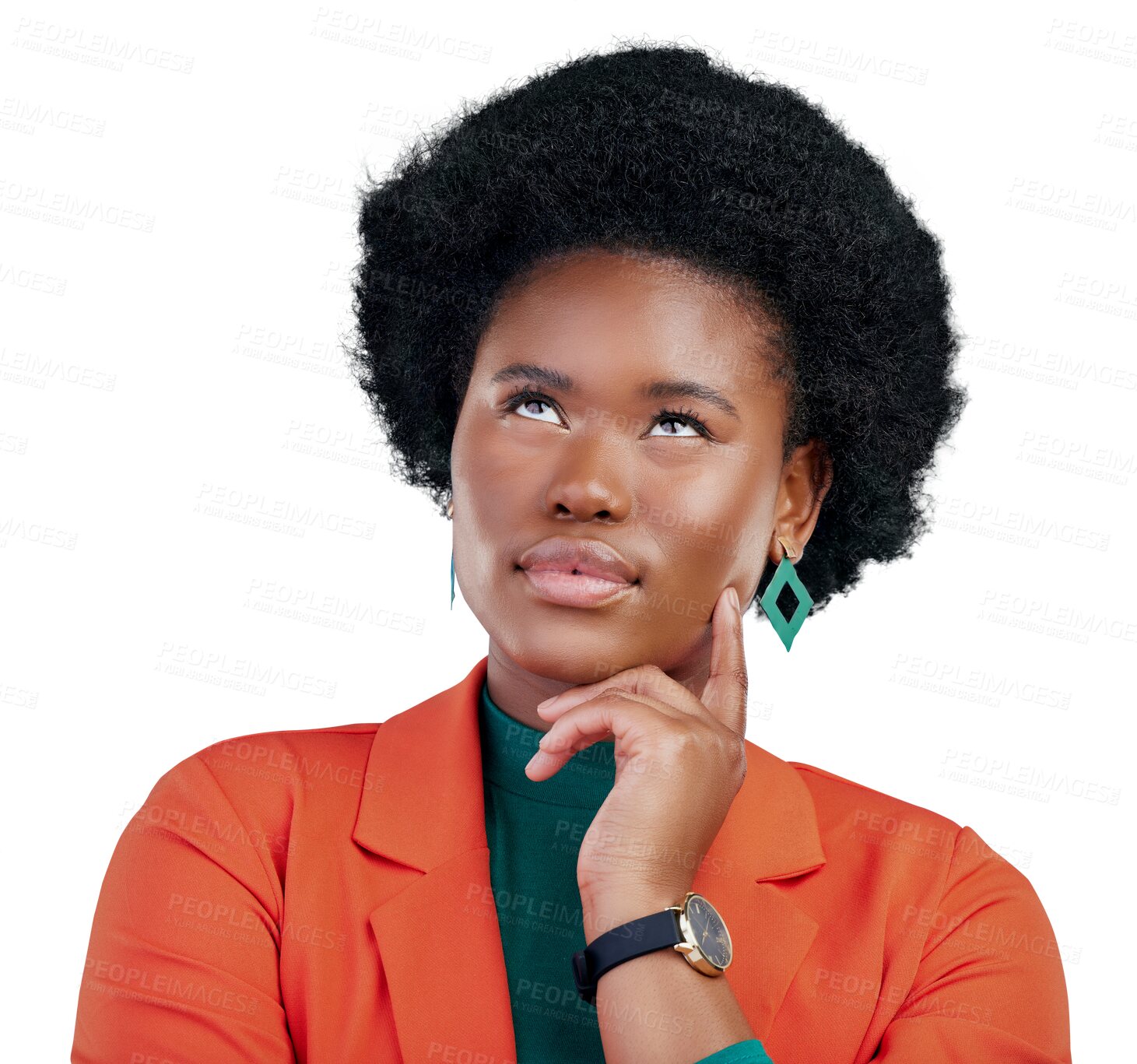 Buy stock photo Thinking, idea and black woman planning solution on isolated, transparent or png background. Why, questions and face of African lady model looking up and brainstorming, problem solving or guess emoji