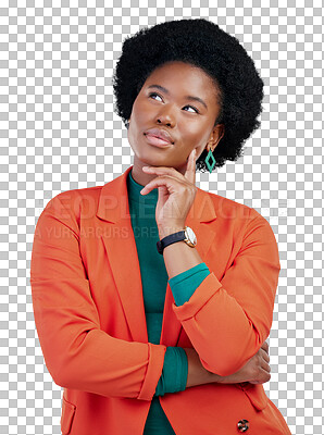 Buy stock photo Thinking, idea and black woman brainstorming on isolated, transparent or png background. Why, questions and African female model with emoji gesture for how to, planning or problem solving solution