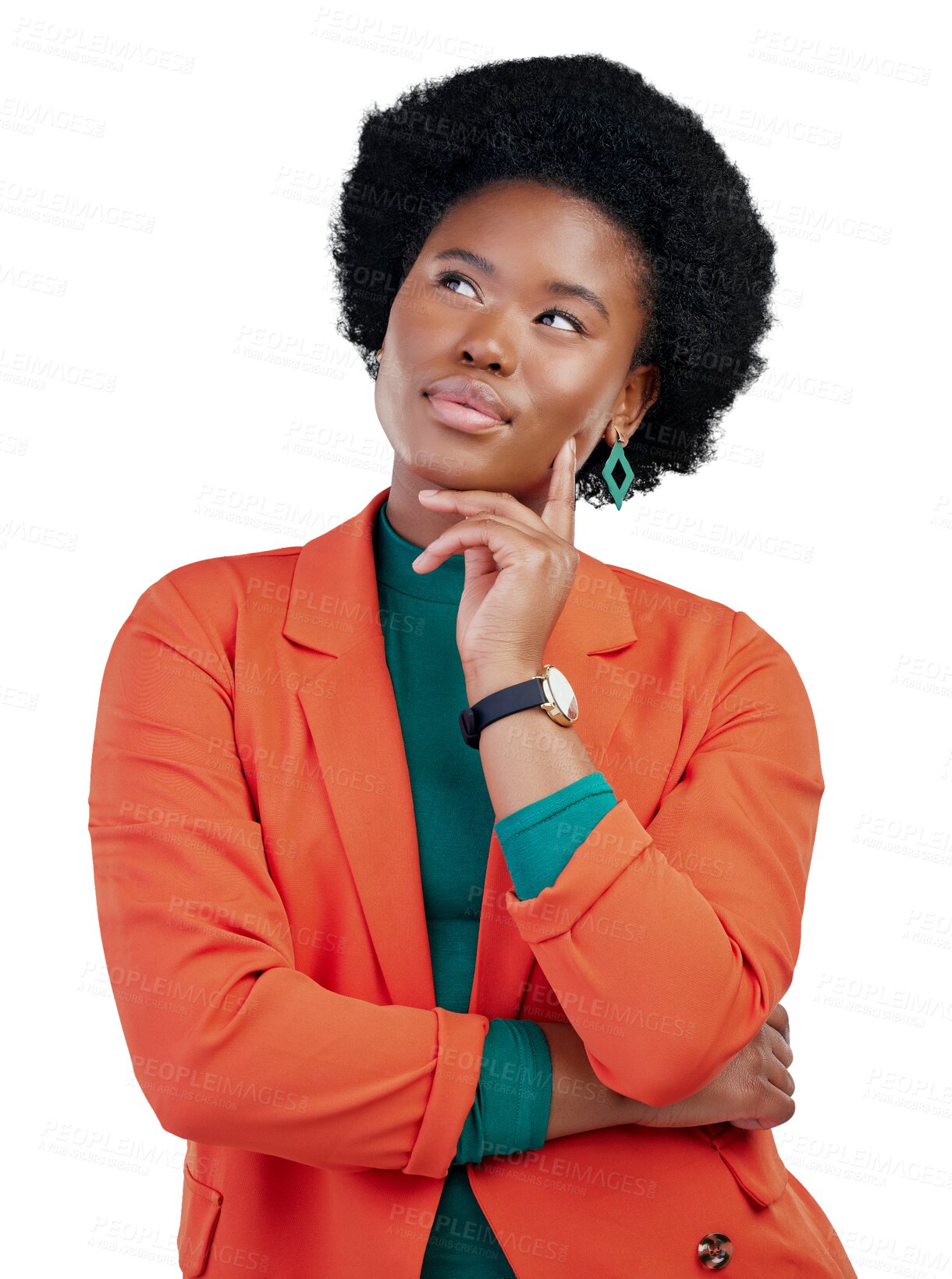 Buy stock photo Thinking, idea and black woman brainstorming on isolated, transparent or png background. Why, questions and African female model with emoji gesture for how to, planning or problem solving solution