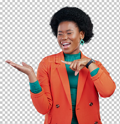 Buy stock photo Hand, presentation and business woman with offer, choice and information for fashion, sale or opportunity. Happy african person or model pointing, decision and isolated on transparent png background