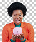 Woman, piggy bank and wow for savings, financial investment and