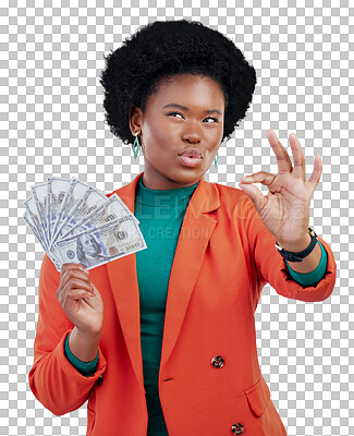 Buy stock photo Money, okay and woman thinking of success, profit and investment goals and emoji or achievement. African person or winner for financial ideas, cash or yes hands isolated on transparent png background