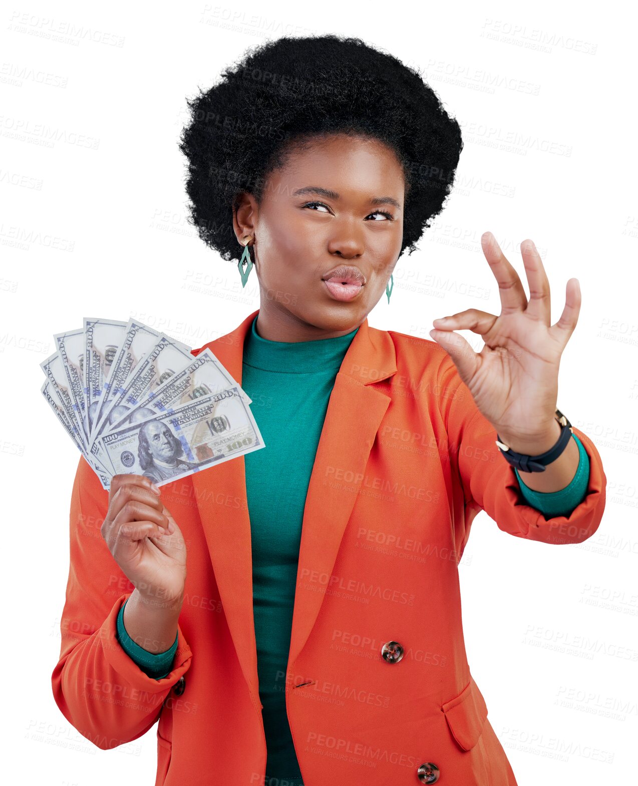 Buy stock photo Money, okay and woman thinking of success, profit and investment goals and emoji or achievement. African person or winner for financial ideas, cash or yes hands isolated on transparent png background