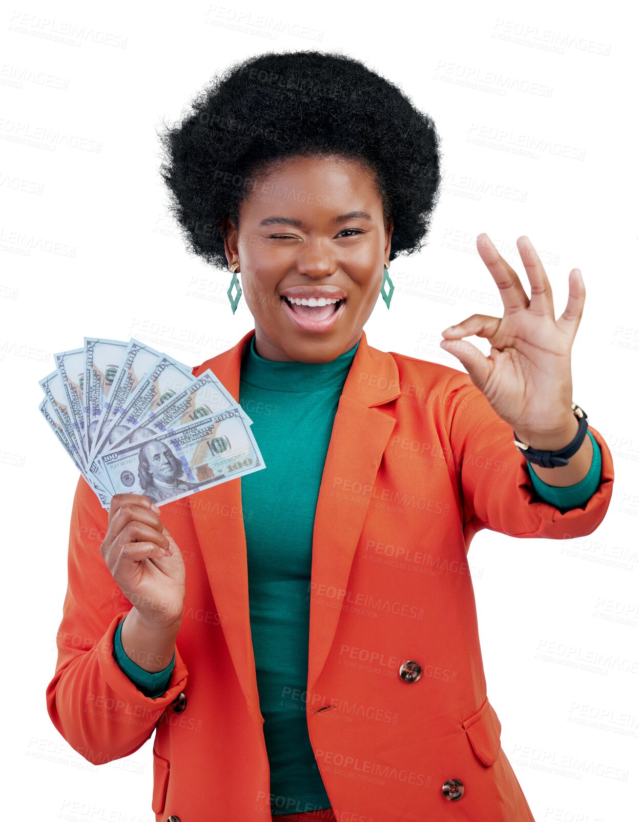 Buy stock photo Woman, winner and money fan, okay hands and profit, lottery or deal with yes and wink emoji. Portrait of african person with financial success, cash and bonus  isolated on transparent png background