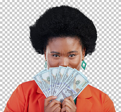 Buy stock photo Money fan, portrait and black woman with bank, loan or payment on isolated, transparent or png background. Budget, success and eyes of African model with cash, offer or poker, bingo or winner prize