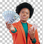 Money, phone and woman in portrait winning, finance or online sa