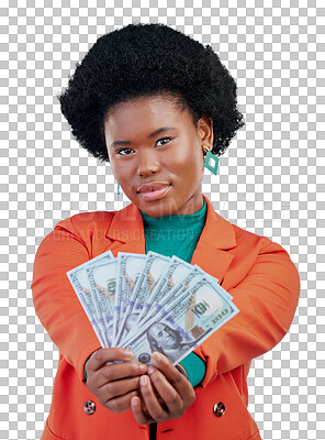 Buy stock photo Money, portrait and black woman with bank, loan or payment on isolated, transparent or png background. Budget, success and face of African customer with cash, offer or poker, bingo or winner prize