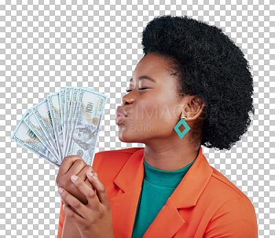 Buy stock photo Money, kiss and black woman with bank, payment or loan on isolated, transparent or png background. Cash, emoji and face of lady winner with bingo, poker or casino award, investment or budget success